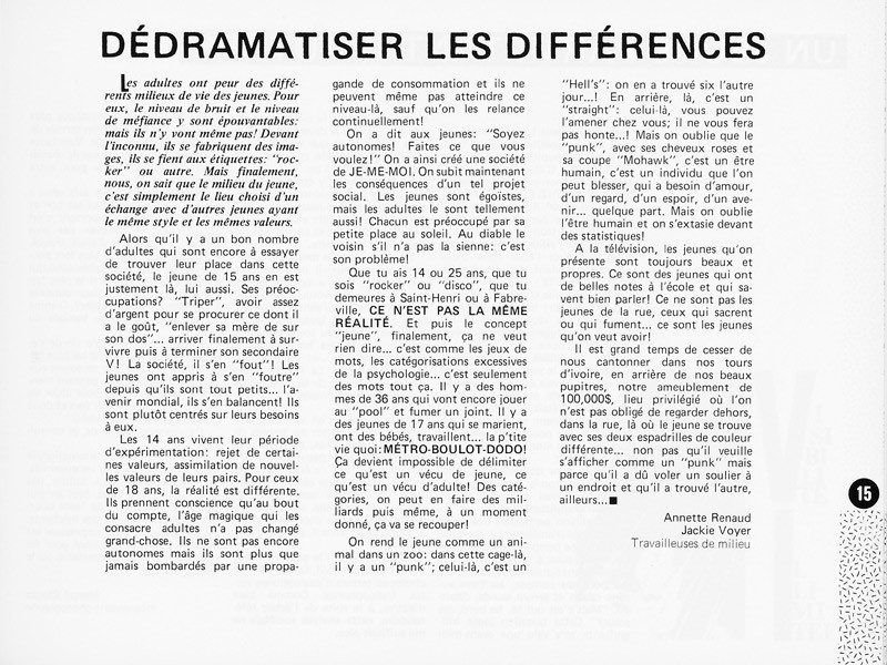 Annette Renaud et Jackie Voyer, Dédramatiser les différences, Ciel variable 1, p.15. © Tous droits réservés