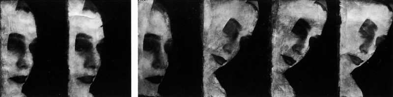 France Choinière,Ciné-tableaux XVII : Les Enluminures, 1991, xérox n&b, acrylique et pigments secs, sur papier arche 56 x 135 cm chaque. © France Choinière