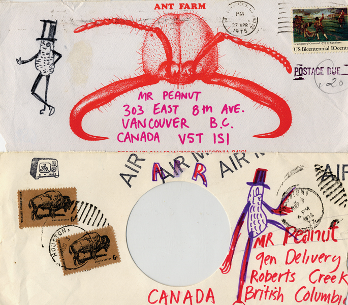 Pedro Friedeberg, Ant Farm, two envelopes sent to Mr. Peanut (Vincent Trasov), 1972 & 1975, 10.5 cm x 23.9 cm. © Pedro Friedeberg