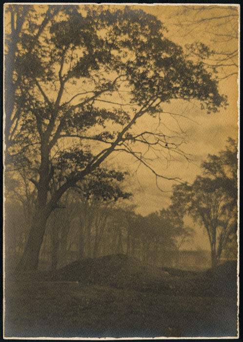 fig. 1 : Jean-Onésime Legault (1882-1944), Boisé à l’orée d’un temple grec, vers 1913, épreuve à la gomme bichromatée sur platinobromure argentique à surface mate, tirage d’époque / Woods at the Verge of a Greek Temple, ca. 1913, Gum bichromate print on matte silver platinum bromide, period print, 17 x 12 cm