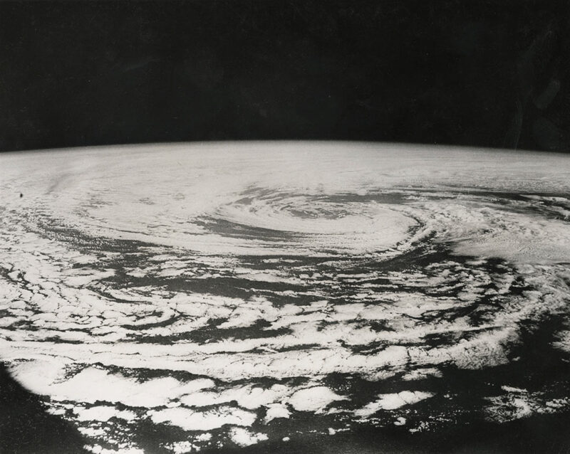 Central Press Photos, View of a large storm system taken from Apollo 9 about 1,209 miles due north of Hawaii, 1961, gelatin silver print / épreuve à la gélatine argentique